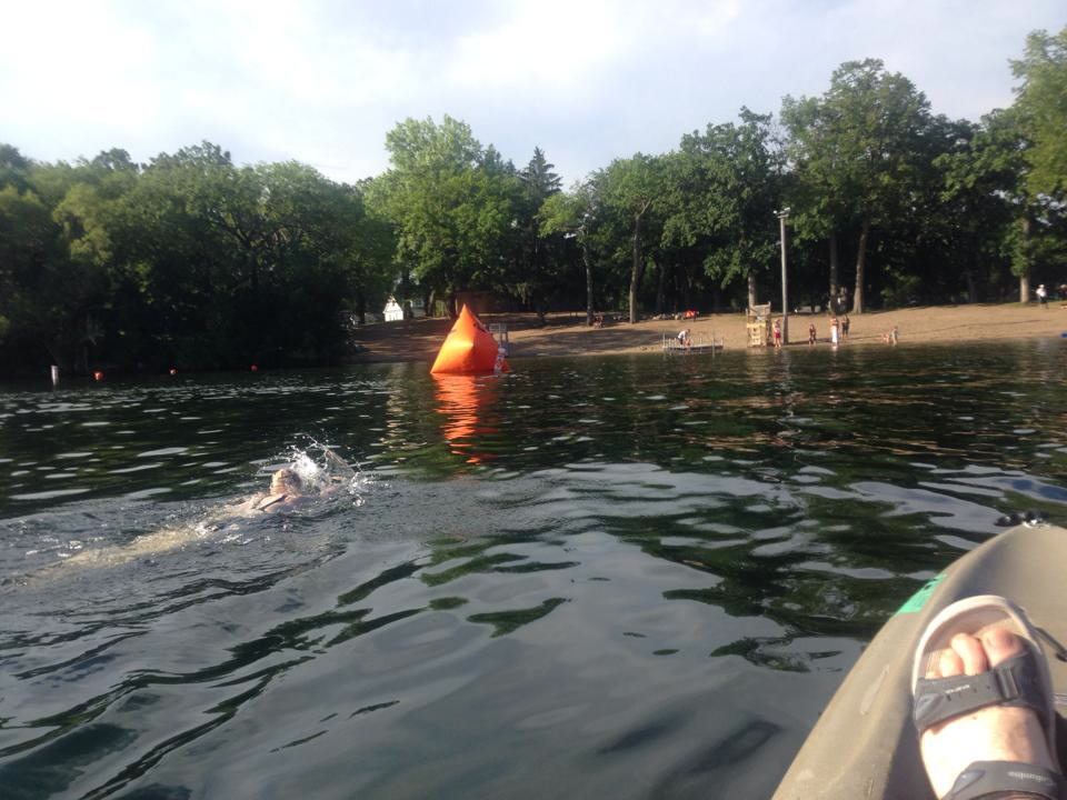 I can see it now! Me heading toward the big safety orange buoy. Photo by M the Kayaker.